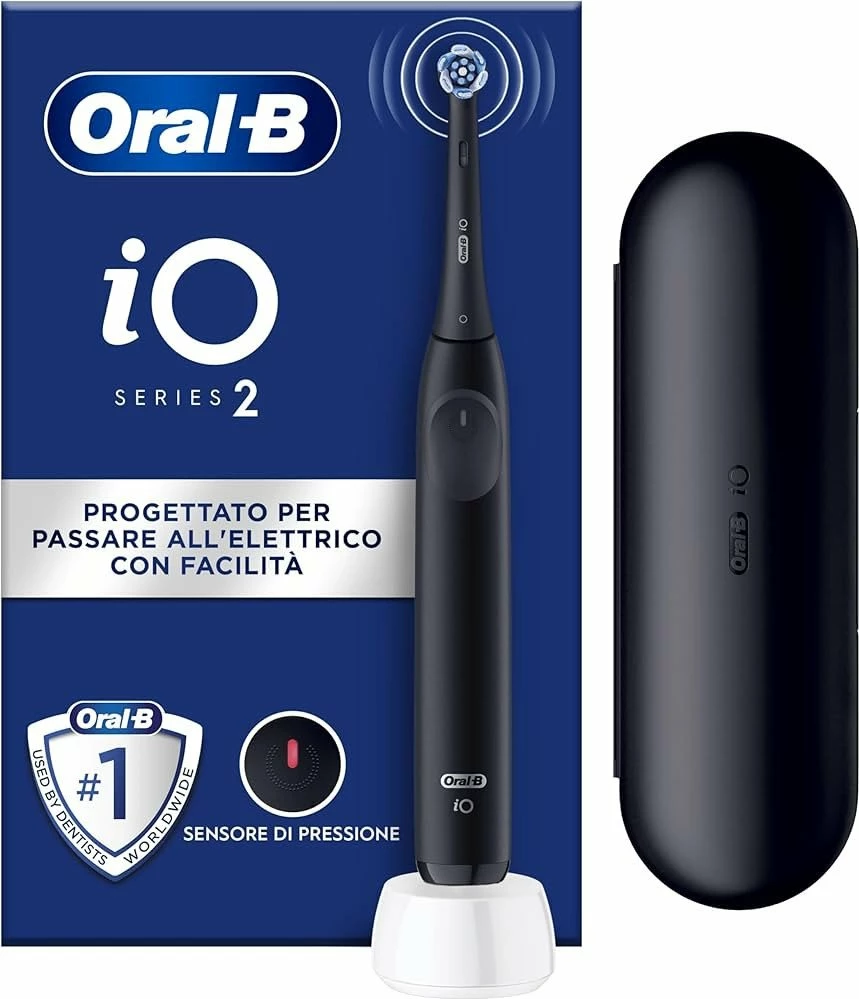 Furçë dhëmbësh elektrike Oral-B iO Series 2, 3 mënyra, sensor presioni, bateri e rikarikueshme, 1 kokë + këllëf udhëtimi + bazë karikimi, e zezë (Night Black)