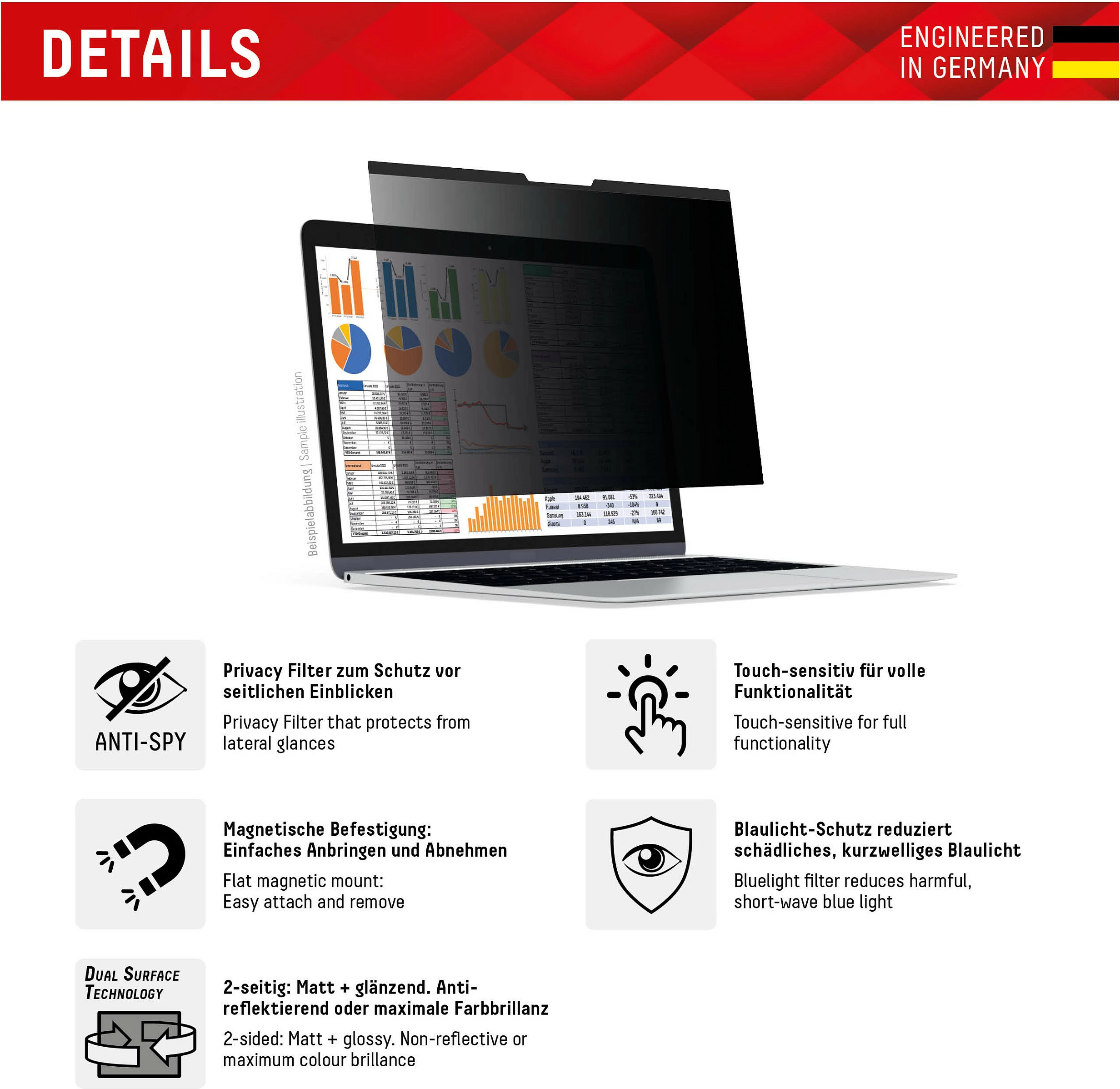 Filtër privatësie magnetik Displex Privacy Safe 14" (16:9), 2-anësh matt/glossy, filtër drite blu, i zi