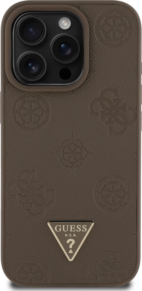 Mbështjellës Guess Grained Hot Stamp Peony Triangle Logo MagSafe për iPhone 16 Pro, Kafe