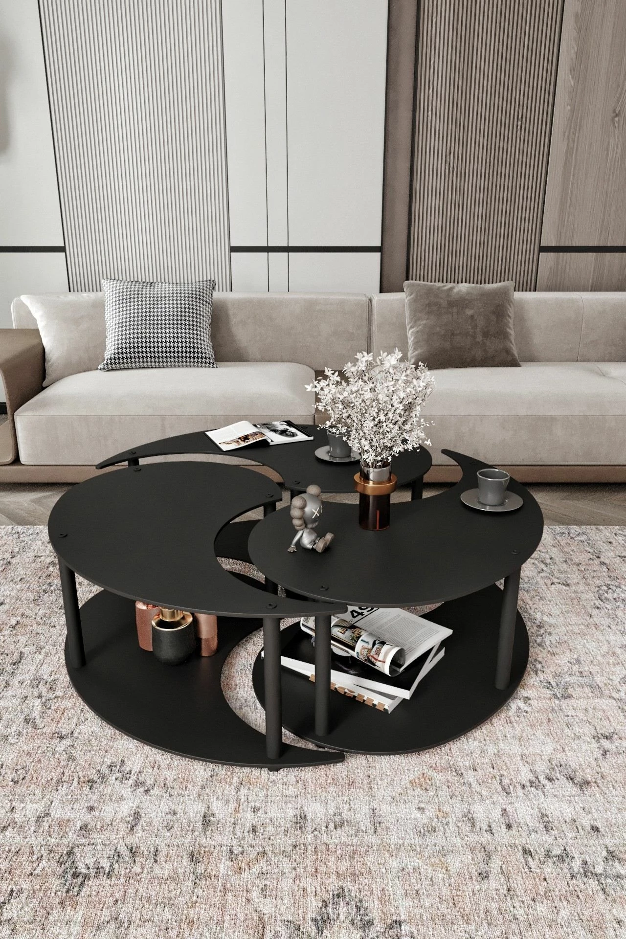 Set tavolinash kafeje Skye Decor, Yin Yang 3 copë, e zezë