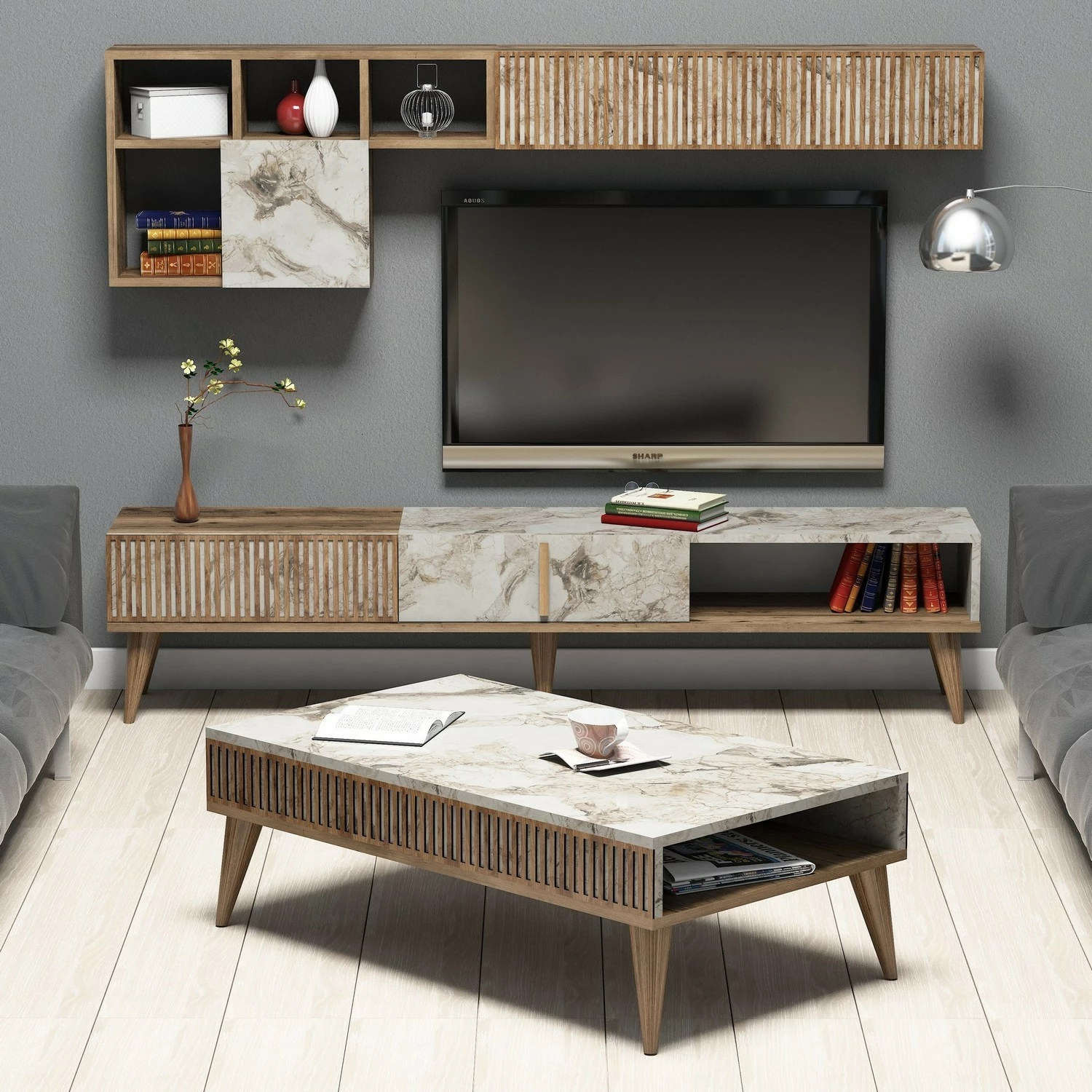 Set mobiljesh për dhomë dite, Milan, ngjyrë arre dhe mermer i bardhë