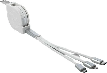 Kablë karikimi 3-në-1 DeLOCK USB-C retraktabile, 0.98 m, USB-C në Lightning/Micro-USB/USB-C, bardhë/argjendtë