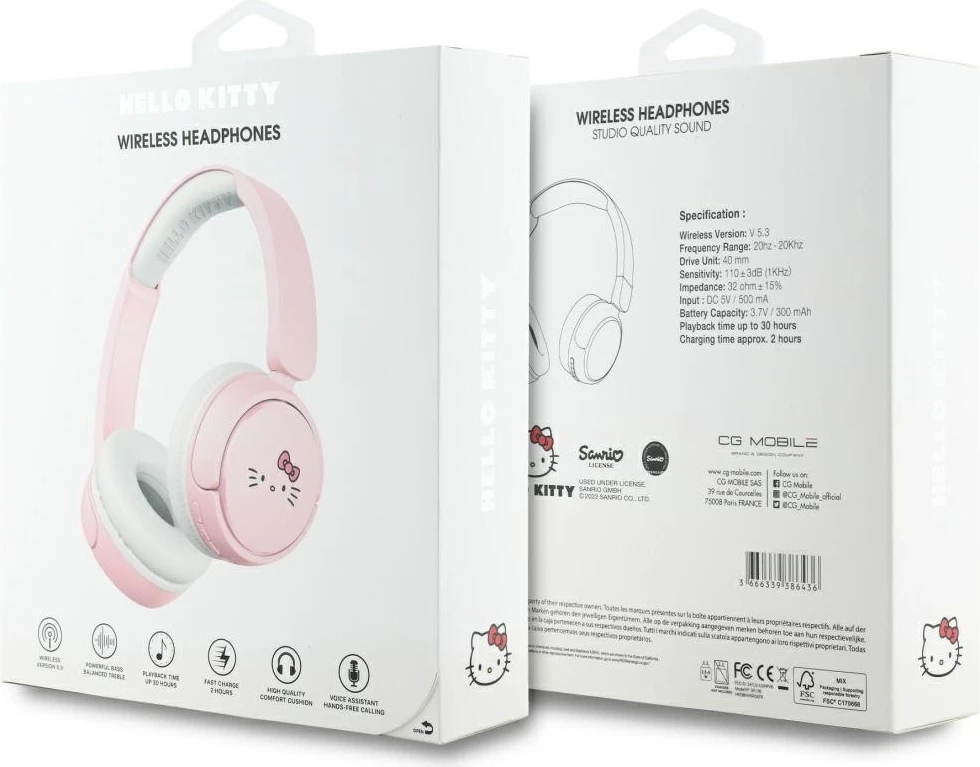 Kufje Bluetooth Hello Kitty Face Logo, on-ear, 30 orë, USB-C, Rozë
