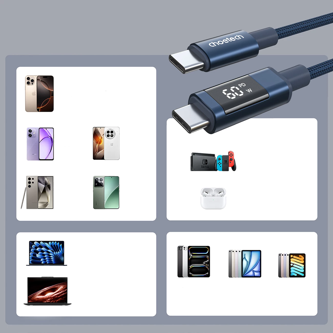 Kabllo USB-C në USB-C Choetech XCC-1068 PD 60W 1.2 m me ekran, blu
