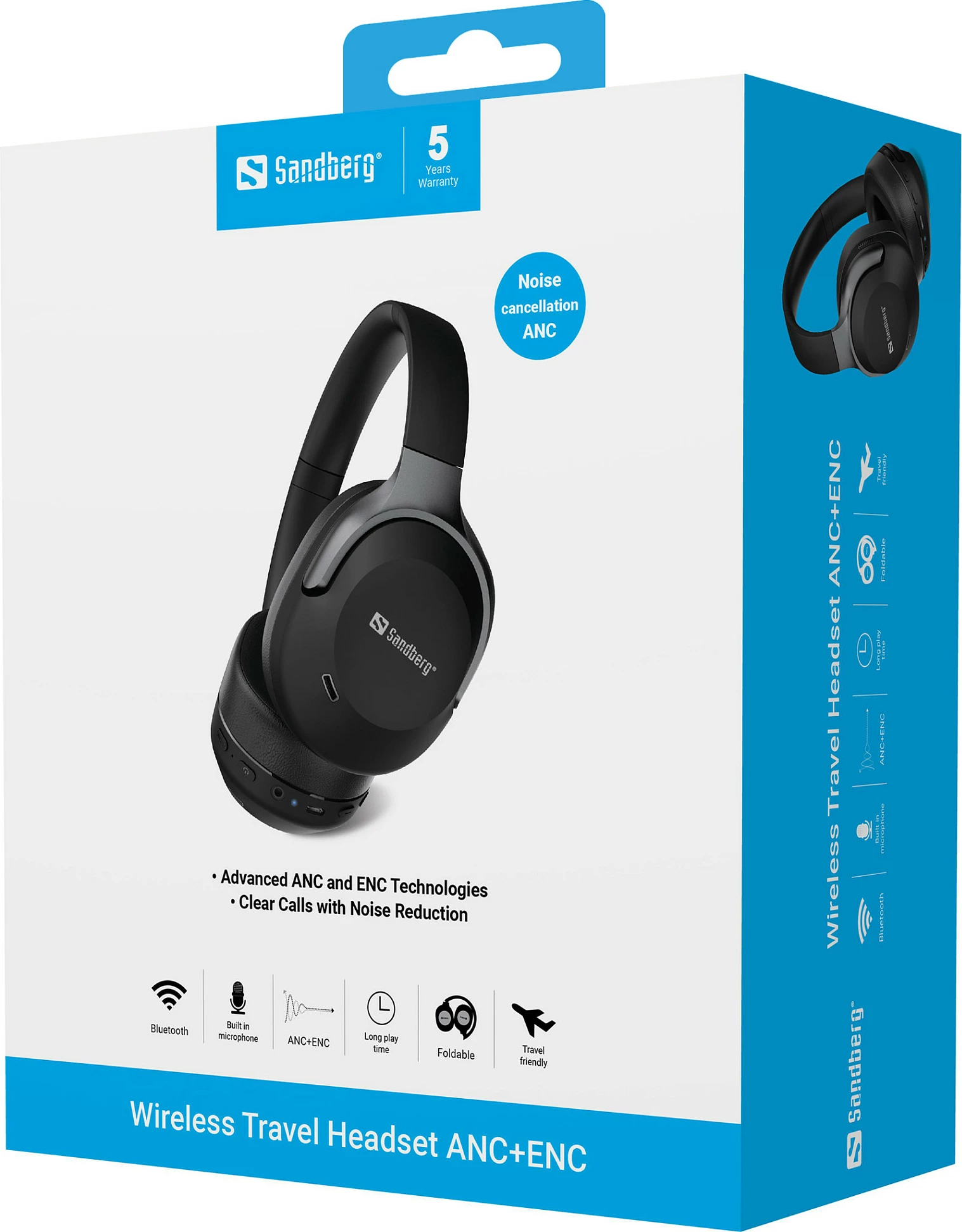 Kufje wireless Sandberg Travel Headset ANC+ENC, Bluetooth 6.0, deri 30h, të palosshme, të zeza