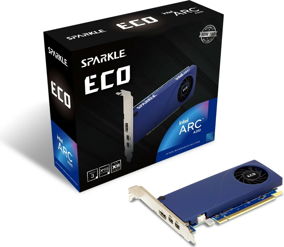 Kartelë grafike Sparkle Intel Arc A310 ECO, 4 GB, GDDR6, PCI Express 4.0, Blu e Zi