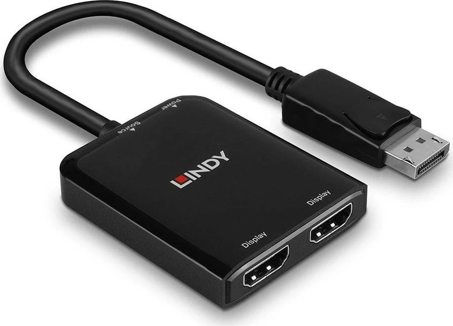 Adapter Lindy DisplayPort në 2x HDMI, i zi