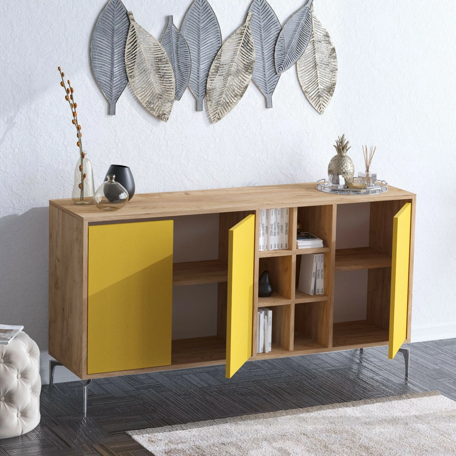 Konsolë moderne Skye Decor, ngjyrë lis dhe e verdhë, 140x94x40cm