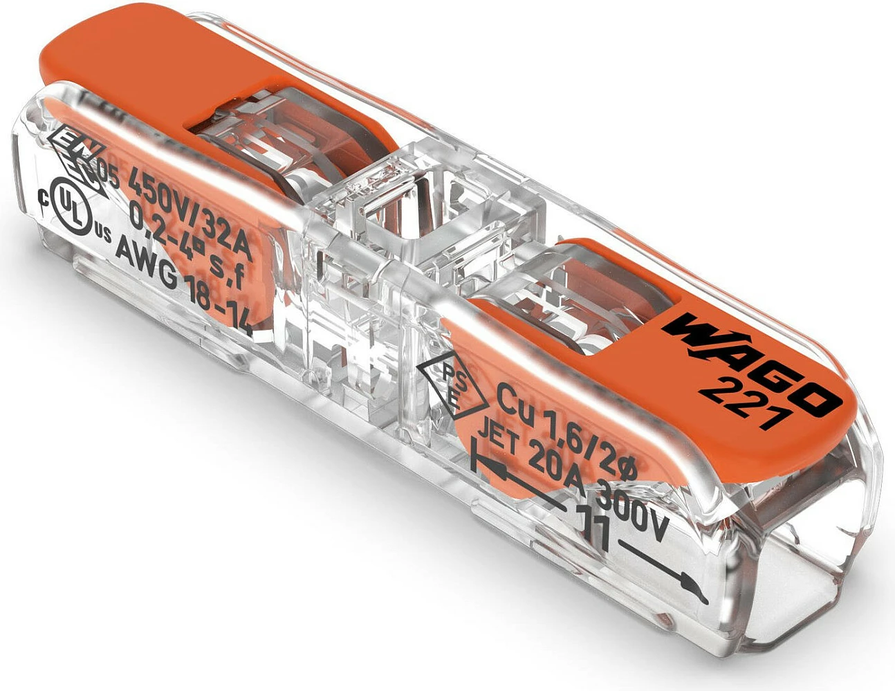 Konektor kabllor WAGO 221-2411, 32A, 450-600V, AWG 24-16, portokalli/transparent
