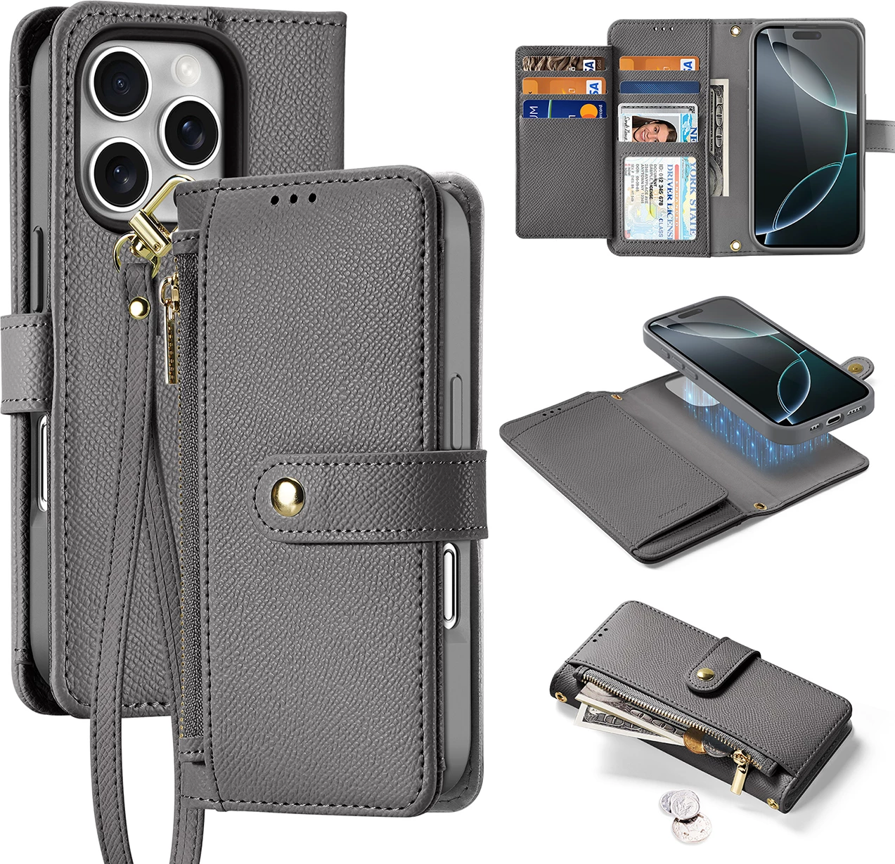 Mbështjellës Dux Ducis Lawa për iPhone 16 Pro, lëkurë, me portofol magnetik, Gri