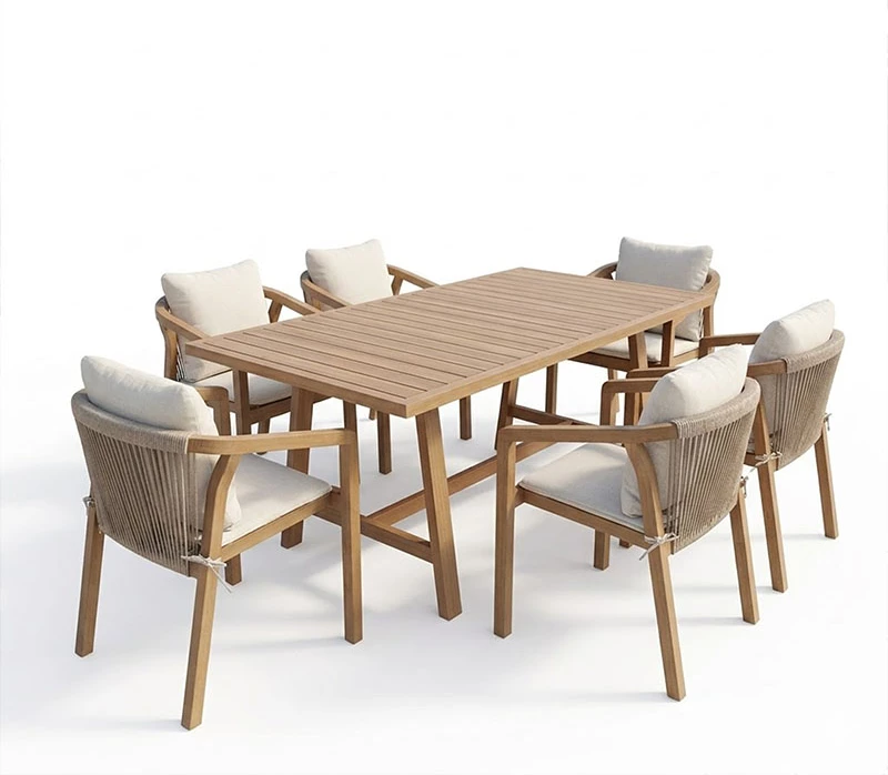 Set tavoline me 6 karrige për terasë, dru akacie, ngjyrë natyrale/bezhë, Malibu, 160x90x75cm