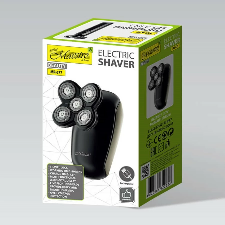 Makinë rroje elektrike për kokë, Feel-Maestro MR-677, bateri 800 mAh, 5 koka prerëse, IPX7, USB-C, e zezë/ari