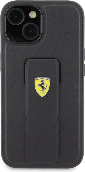 Mbështjellës Ferrari Grip Stand Metal Logo për iPhone 15, i zi