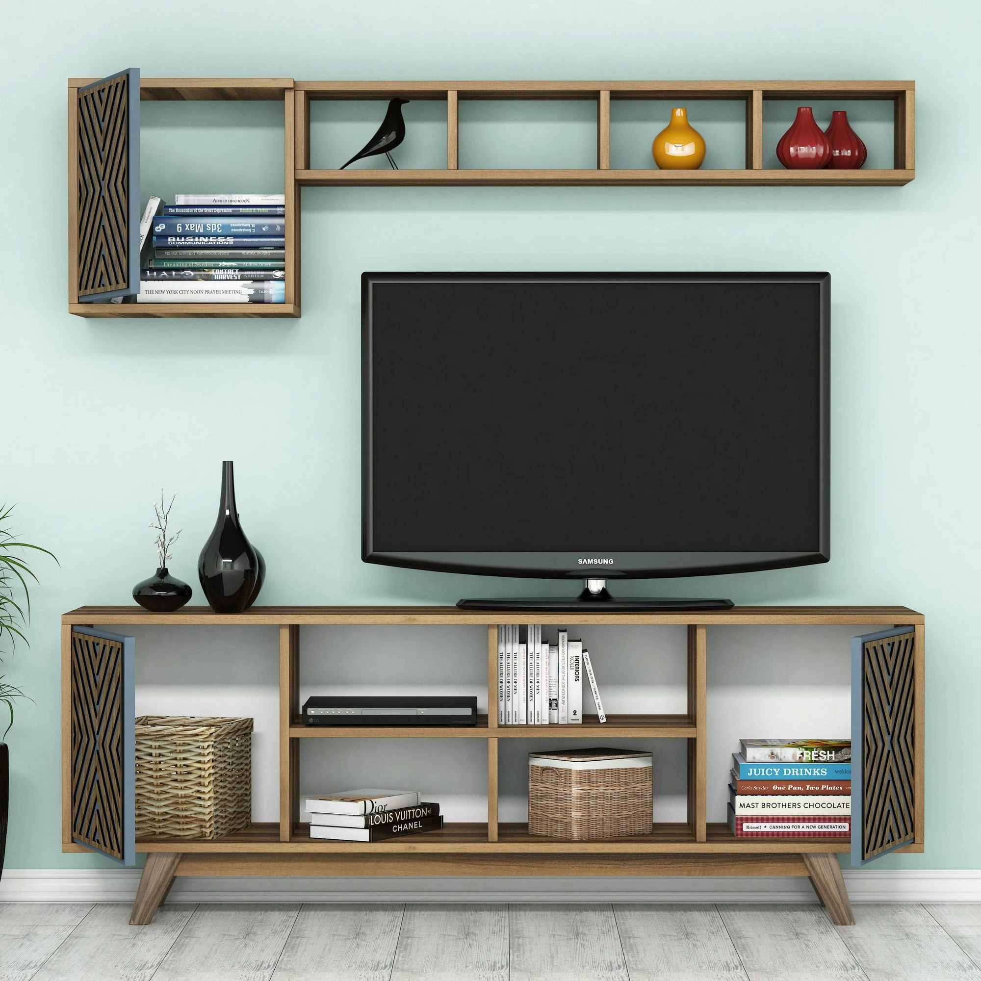 Set mobiljesh për dhomë dite Hanah Home, Inci, ngjyrë arre dhe blu