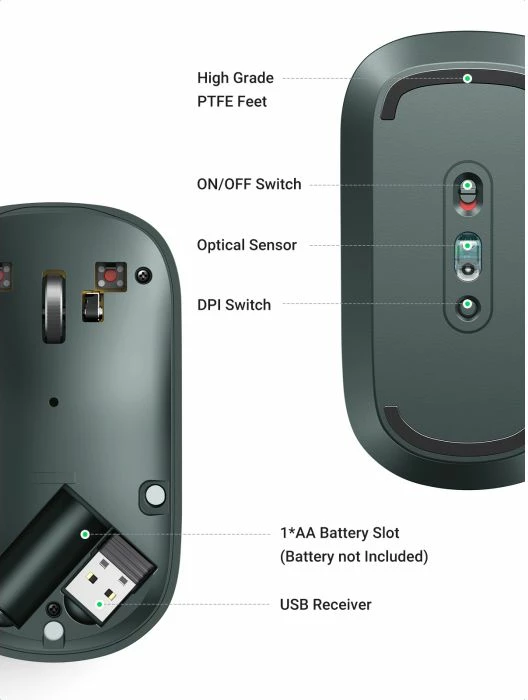 Maus wireless UGREEN 90374 2.4GHz 4000 DPI silent ultra i hollë, jeshile, me kuti