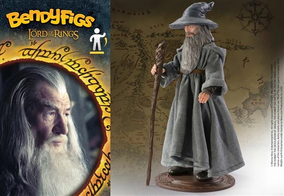 Figurë fleksibile Noble Collection Bendyfigs Lord of the Rings Gandalf the Grey, 18 cm, me mantel pëlhure, me shkop, me bazë ekspozimi