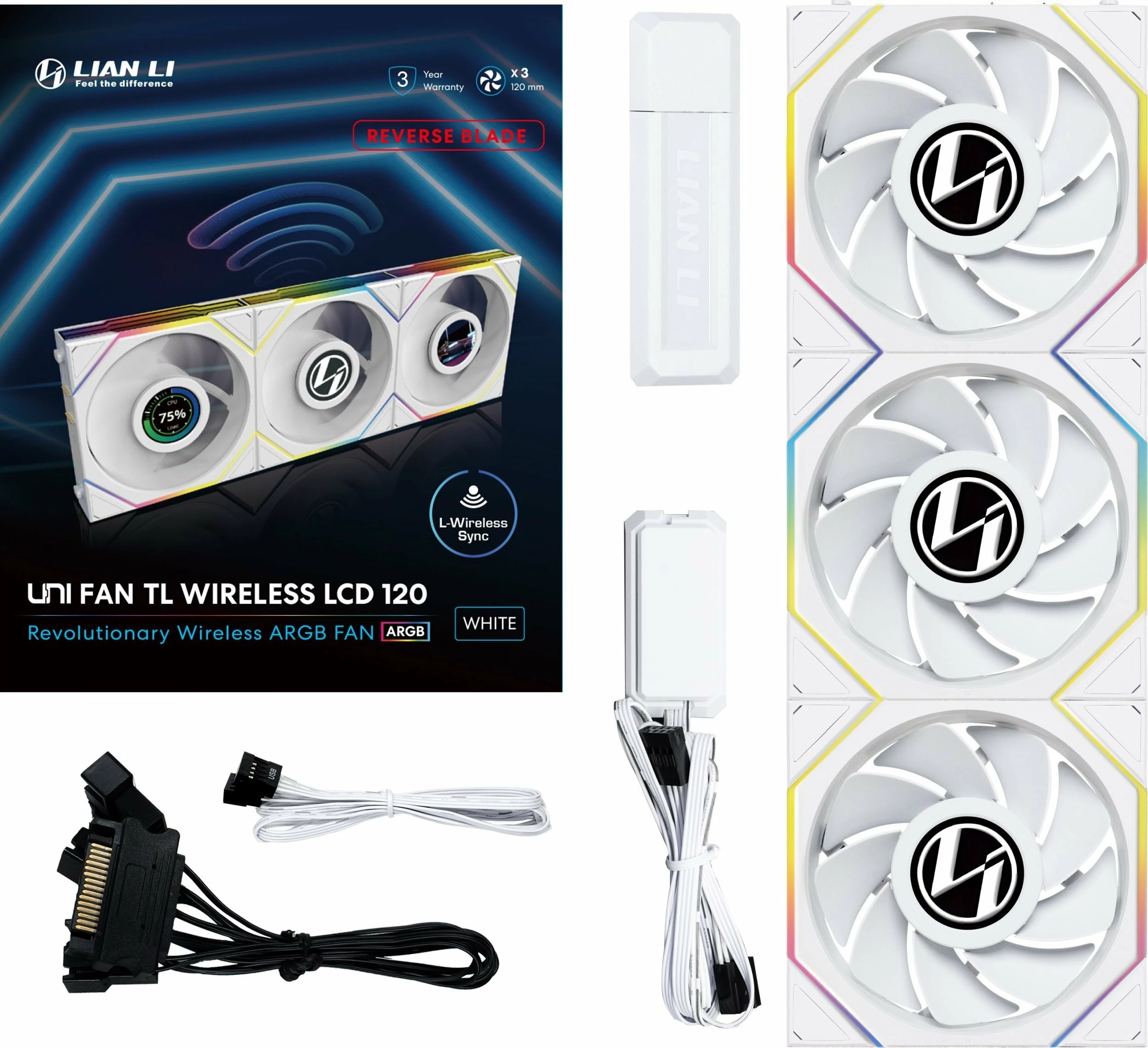 Ventilatorë PC Lian Li UNI FAN TL Wireless LCD 120 Reverse Blade 3-pack, i bardhë