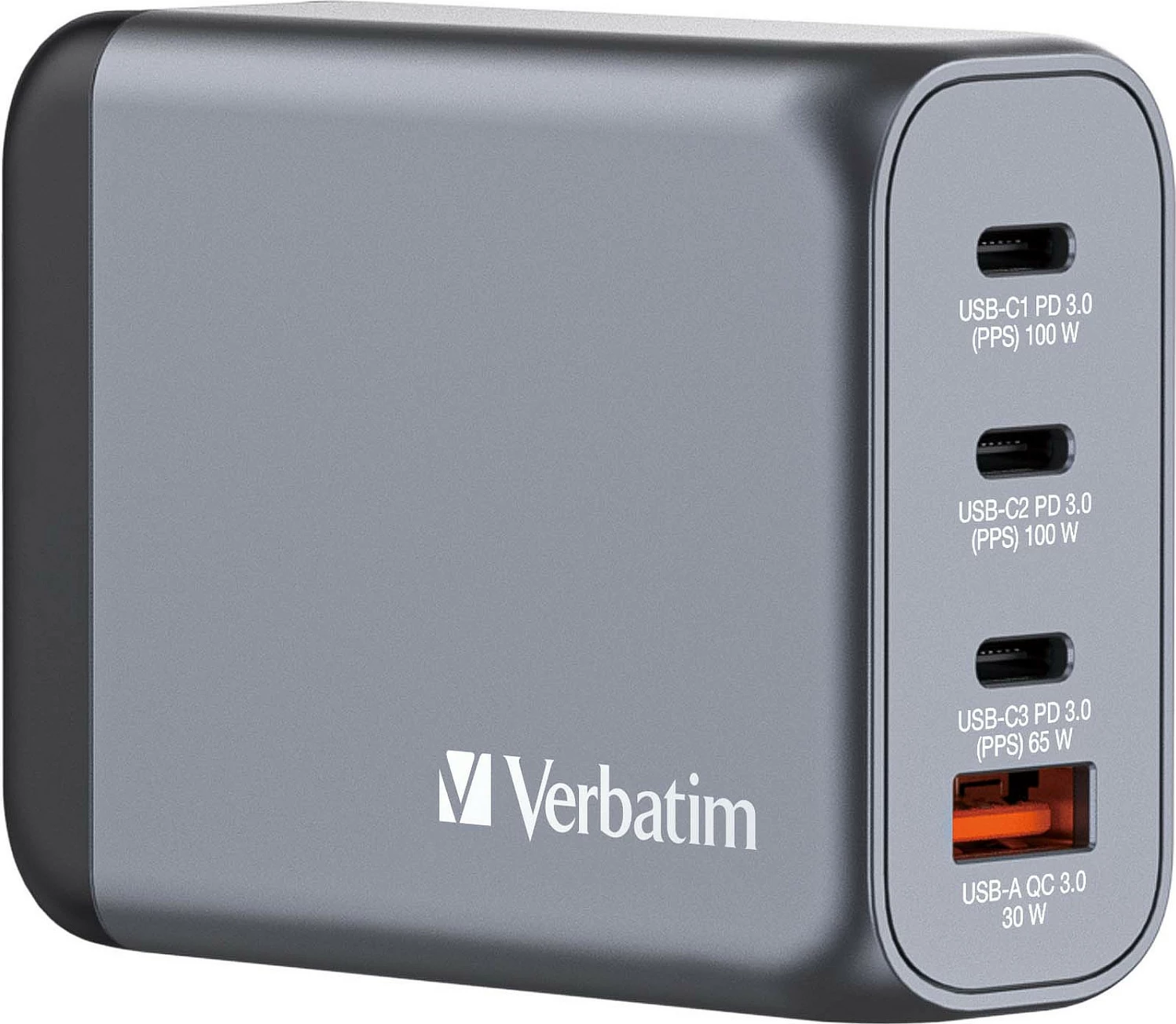 Karikues Verbatim GaN 100W, 3x USB-C PD 3.0 + 1x USB-A QC 3.0, gri