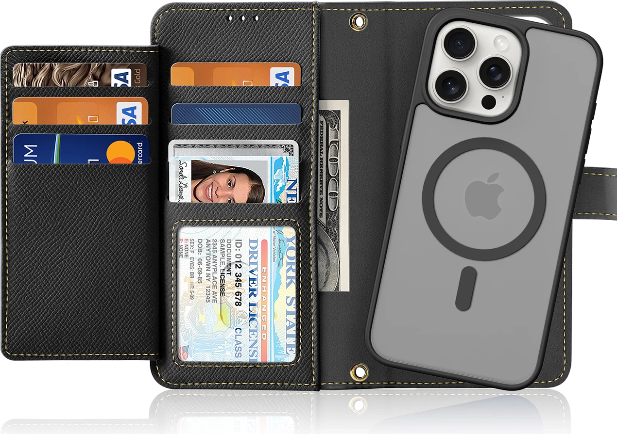 Mbështjellës Dux Ducis Lawa për iPhone 15 Pro Max, lëkurë, me portofol magnetik, i zi