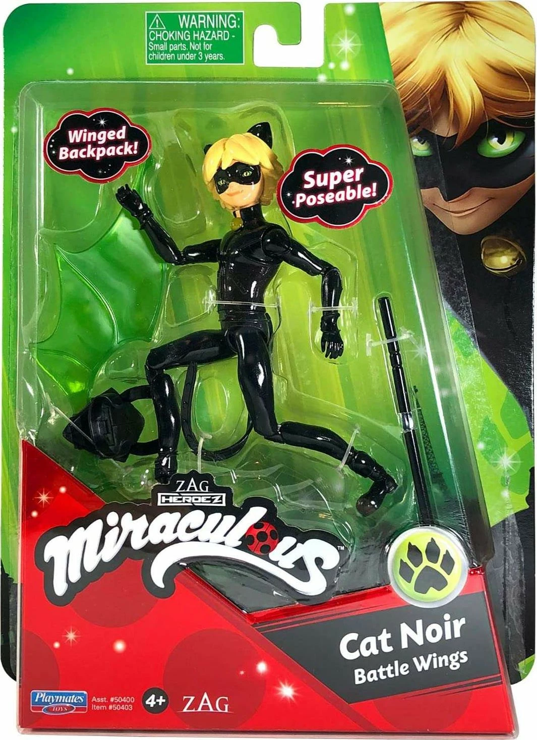 Figurë Playmates Toys Miraculous Cat Noir 50403, 13 cm, me aksesorë (kij + krahë), set 3 copë, e zezë