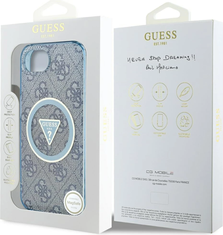 Mbështjellës Guess IML Metal Glitter 4G Circle Triangle MagSafe për iPhone 16e, Blu
