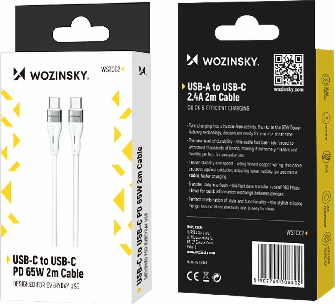 Kabllo USB-C në USB-C Wozinsky WSTCC2 2 m PD 65W e bardhë (1 copë)