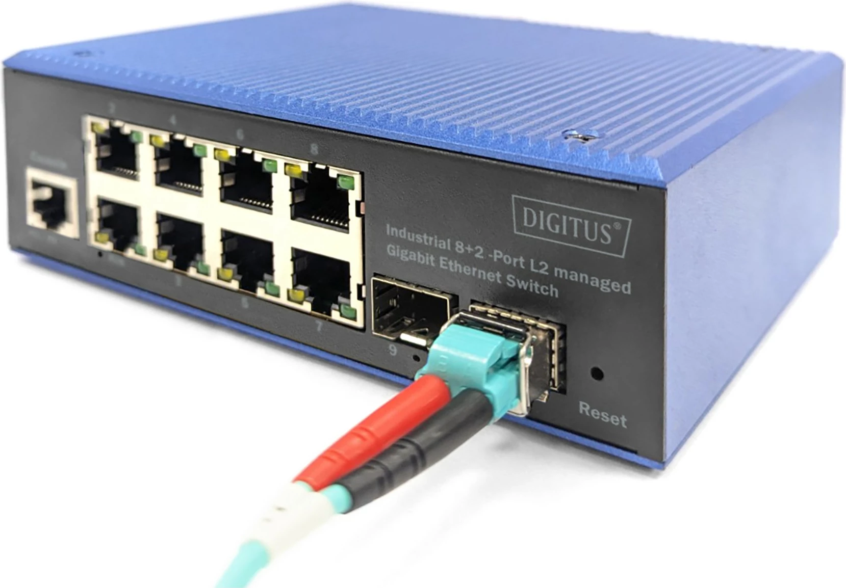 Switch industrial Digitus DN-651156, 8x RJ45 GE, 2x SFP, menaxhim L2, kasë metalike, IP40, blu