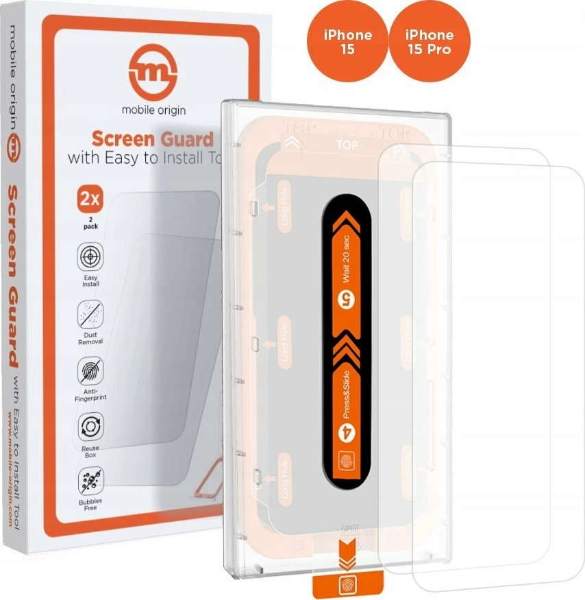 Xham mbrojtës Mobile Origin Orange Screen Guard për iPhone 15/15 Pro, me aplikator, 2 copë