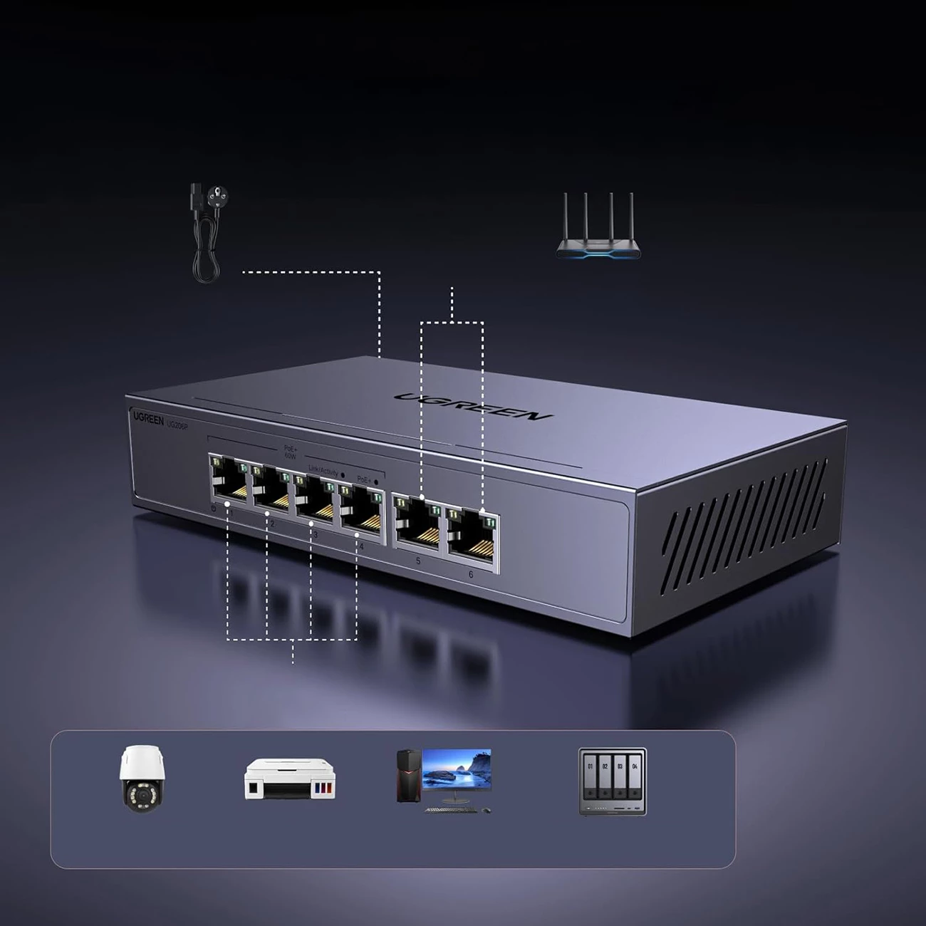 Switch Ugreen CM753 6-Port 1Gb/s me PoE+ (4x PoE+), 60W total, Gri, Në kuti