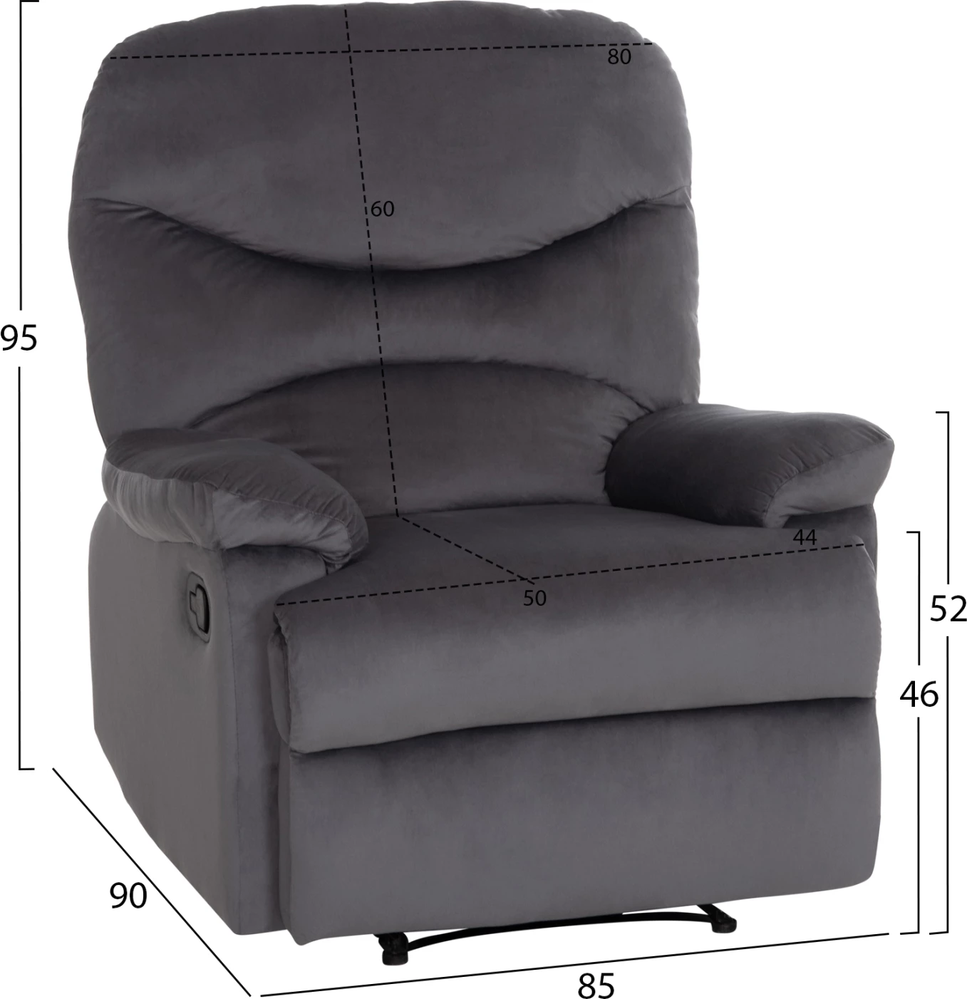 Fotel me recliner manual BRAYLEN, kadife gri, FH3298.01, 85x90x95cm