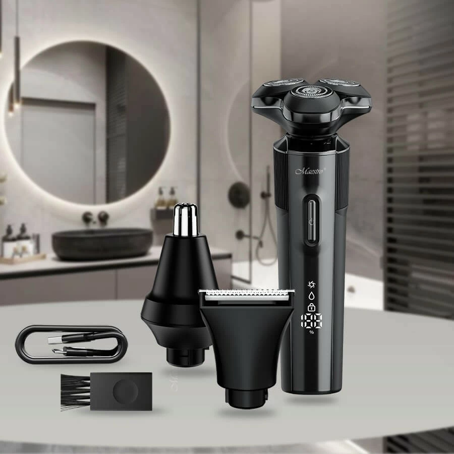 Makinë rroje 3‑në‑1 Feel‑Maestro MR-678 me USB‑C, bateri 800 mAh, IPX7, 90 min, me 3 koka + 3 krehra 3/5/7 mm, e zezë