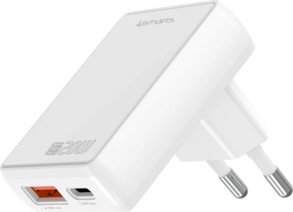 karikues muri 4smarts FlatPlug Duo 4SM000008 20W GaN, USB-C + USB-A, Power Delivery, prizë e sheshtë, e bardhë