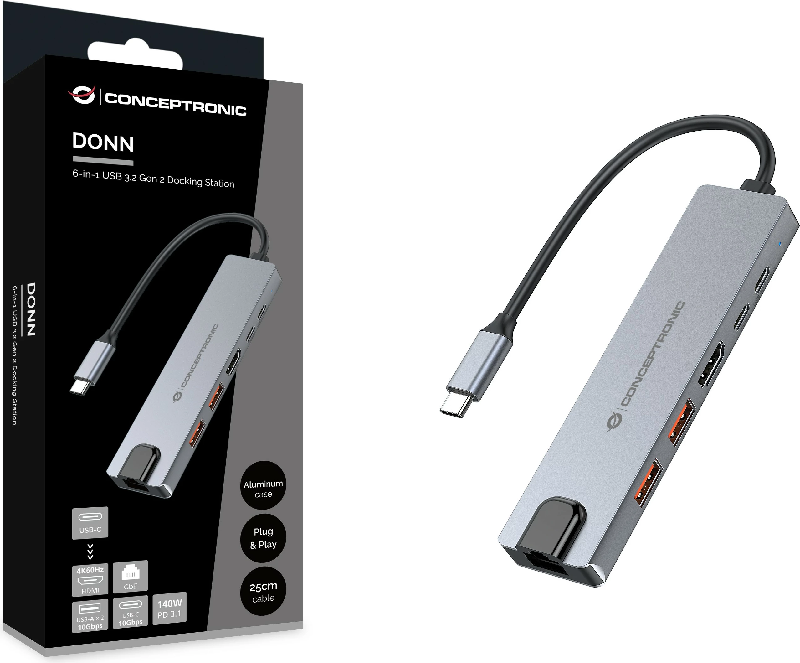 Dock USB-C Conceptronic 6-në-1, HDMI, 2xUSB-A, USB-C, 25cm, gri