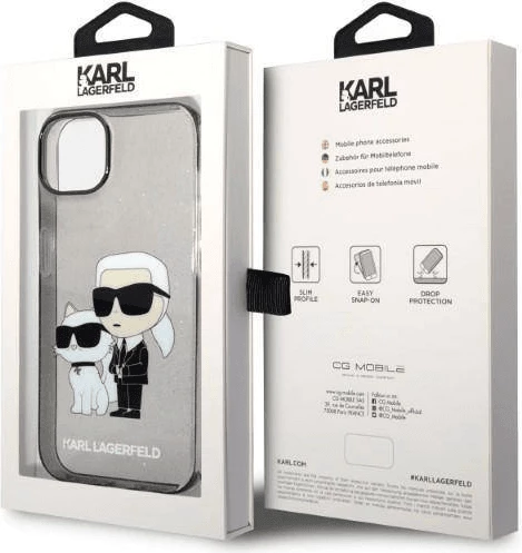 Mbështjellës KARL LAGERFELD KLHCP14MHNKCTGK për iPhone 14 Plus, Glitter IML NFT Full Bodies, transparent e zezë me glitter