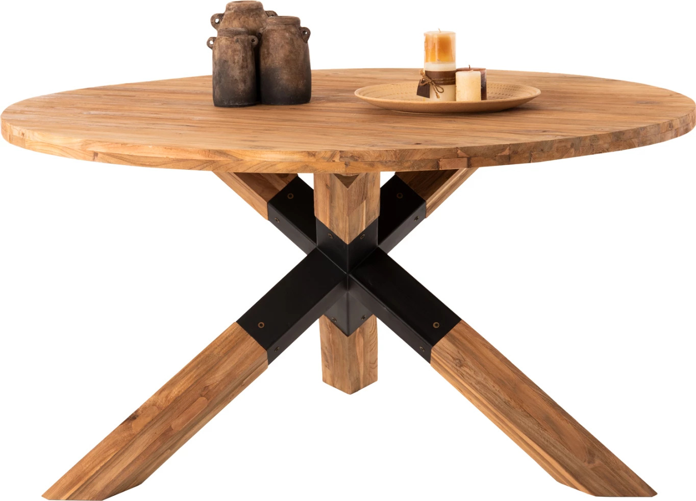 Tavolinë ngrënieje e rrumbullakët, dru TEAK i ricikluar, këmbë metalike, FH9559, Φ150x78H cm