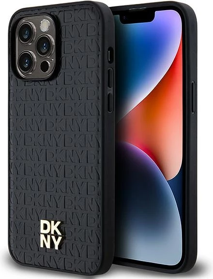 Mbështjellës DKNY Leather Pattern Metal Logo MagSafe për iPhone 13 Pro Max, i zi