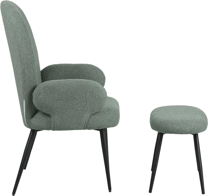 Karrige me këmbë për këmbë Qarar, stof boucle, ngjyrë e gjelbër e çelur, këmbë metalike të zeza, 67.5x67.5x106cm