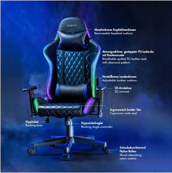 Karrige gaming LogiLink, mbështetje mesit, drita RGB, zi/kaltër