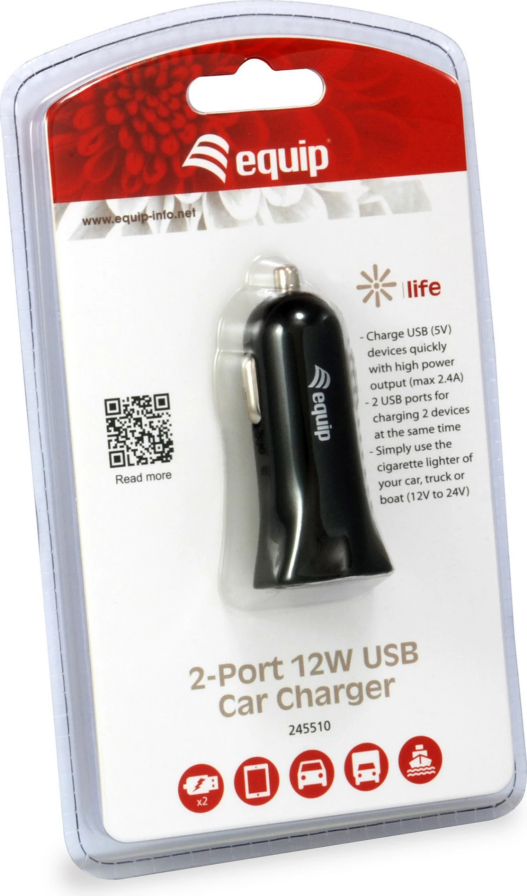 Karikues veture EQUIP 245510, dual USB 2.4A, 12/24V në 5V, i zi