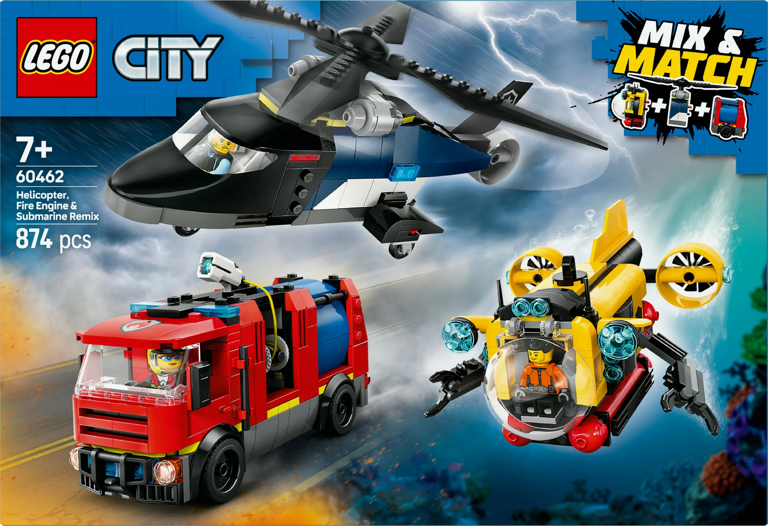 Set ndërtimi LEGO City 60462, helikopter, kamion zjarrfikës, nëndetëse, 874 pjesë, multingjyrësh