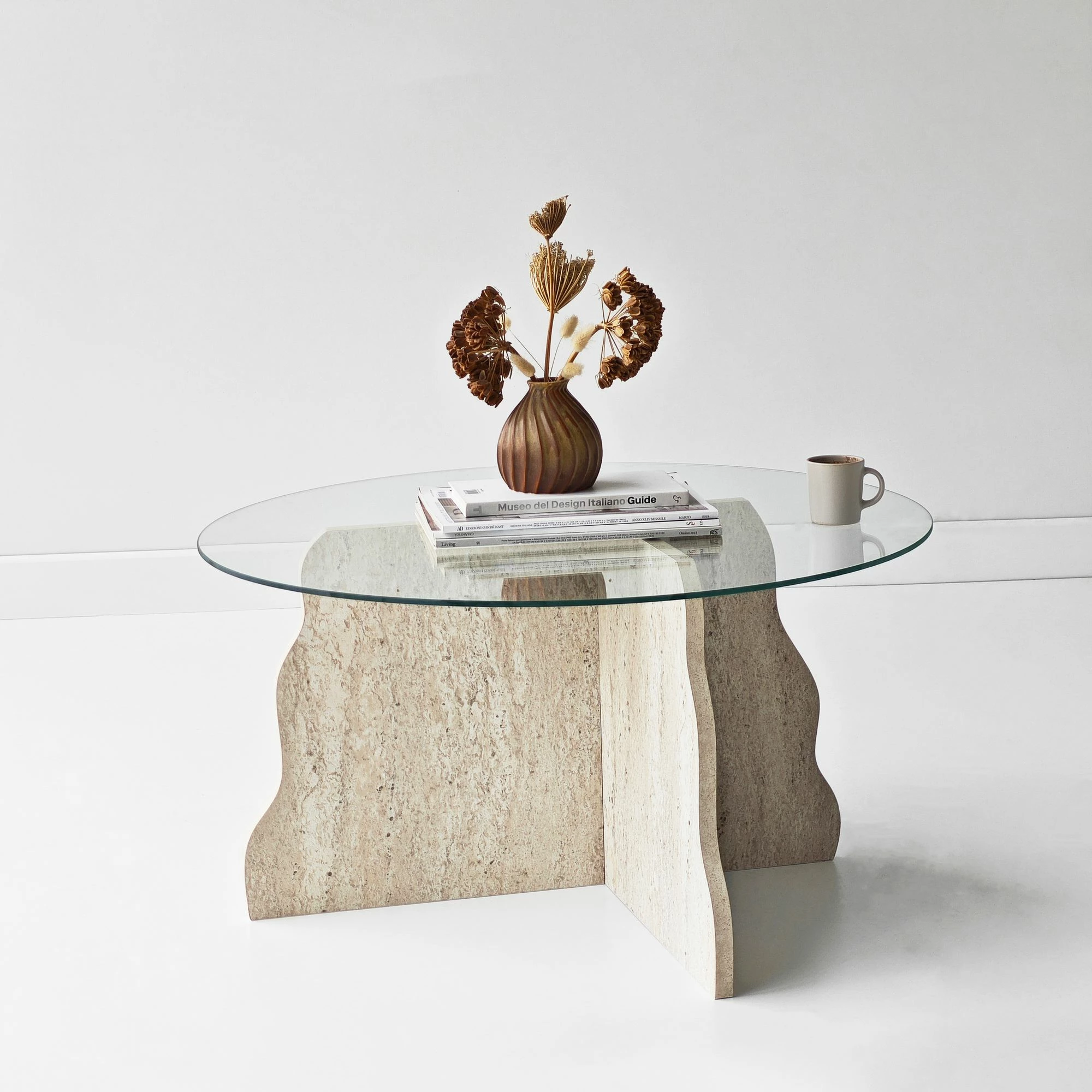 Tavolinë kafeje Skye Decor, Butterfly, travertin, xham transparent