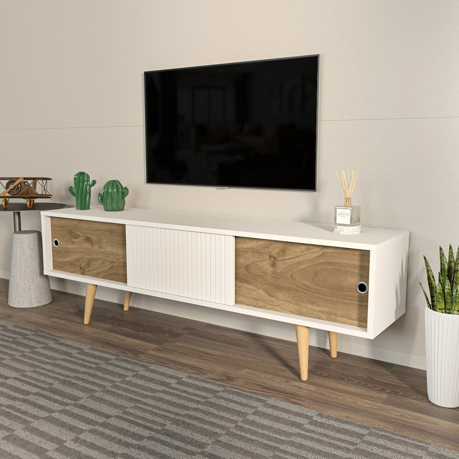 Komodë TV Hanah Home, Ecrin, e bardhë dhe arre