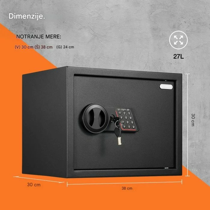 Kasafortë digjitale VONHAUS 3515438, 27 L, 30×38×30 cm, e zezë, me 2 çelësa rezervë + 4 bateri AA