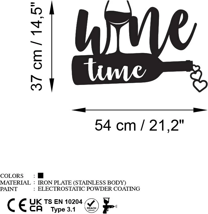 Aksesor dekorativ metalik për mur, Wine Time, ngjyrë e zezë, 54x37cm