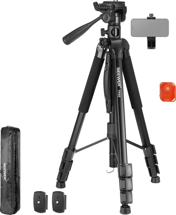 Tripod për kamera Neewer TP05, alumin i lehtë, 59–189 cm, 8 kg, me opsion monopod, me mbajtëse telefoni, me telekomandë Bluetooth, e zezë, set
