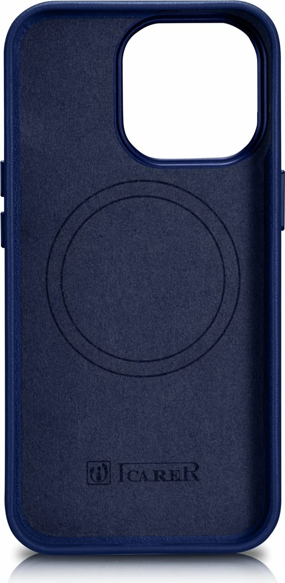 Mbështjellës iCarer për iPhone 14 Pro Max, lëkurë natyrale, MagSafe, kaltër