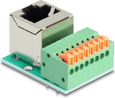 Adapter rrjeti DeLOCK 90653, RJ45 në terminal block 8-pin, këndor 90°, Cat5e, gjelbër/argjend