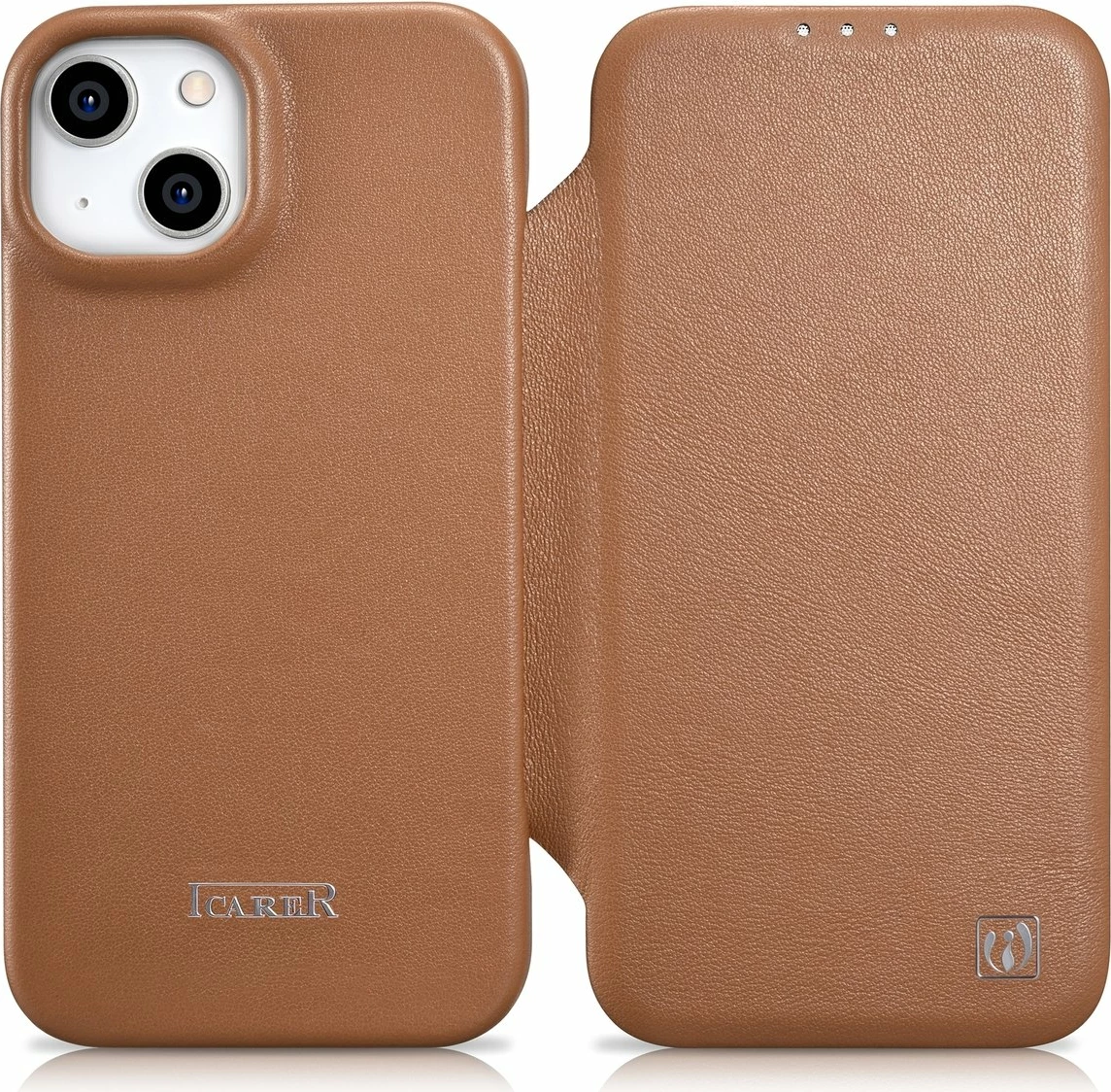 Mbështjellës lëkure iCarer CE Premium Folio për iPhone 14, MagSafe, kafe