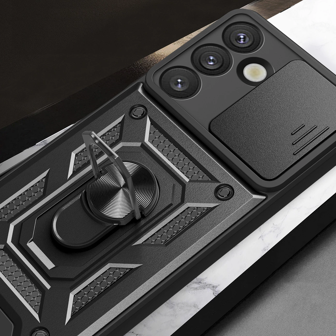 Mbështjellës Hurtel Hybrid Armor Camshield me kapak kamere dhe unazë metalike për Samsung Galaxy S25, Zi