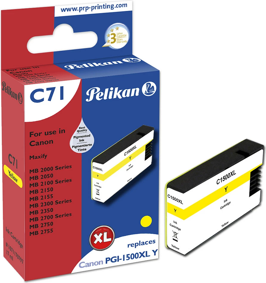 Kartrix boje Pelikan C71, kompatibil me Canon PGI-1500XL, XL, e verdhë